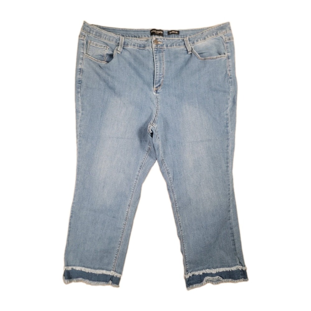 Susan Graver Jeans Womens 24WP Straight Leg Step Hem Fringe Ankle Denim Blue